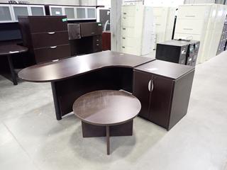 70in X 30in X 30in Office Desk C/w 30in X 18 1/2in Round Table And 2ft X 2ft X 29in 2-Door Cabinet. *Note: Has Scratches, This Item Is Located At 7103 68AVE NW- Location 2*