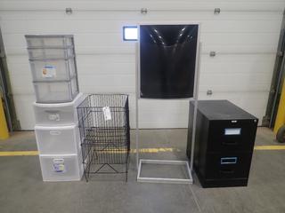 2-Drawer Filing Cabinet C/w (1) 1-Drawer, (1) 2-Drawer And (1) 4-Drawer Plastic Storage Containers, (1) Display Sign And (1) Display Rack *Note: This Item Is Located At 7103 68AVE NW- Location 2*