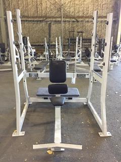 Hammer Strength Upright Seated Olympic Bench w/ Weight Rack.