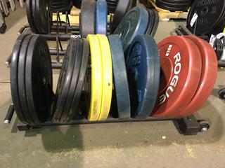 Rogue Horizontal Plate Rack w/ Assorted Weight Plates.