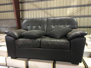 Brown Faux Leather Love Seat w/ Decorative Cushion.