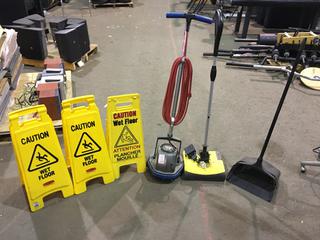 Oreck XL Professional Orbiter, Tornado EB 3011 Hard Floor Sweeper c/w Battery/Charger, Dust Pan & Wet Floor Signs.