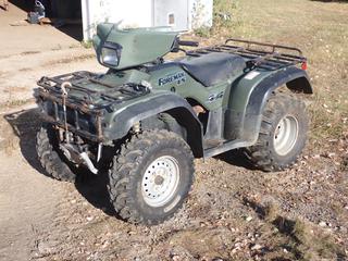 2001 Honda Foreman TRX 450 ES 4X4 Quad C/w Electric Winch. Showing 100Miles,16.5hrs. VIN 478TE226214201994 *Note: Windshield Plastic Missing, (1) Engine Plastic Missing, Hours/ODO May Not Be Accurate,*