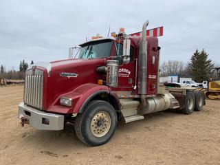 2001 Kenworth T800B T/A Sleeper Winch Truck Tractor C/w CAT C15 475hp Engine, 18-Spd, 46000lb Rears, A/R Suspension, 36in Sleeper, Power Mirrors, Beacons, Air Slide Sign, Aluminum Headache Rack, DP 30-Ton Hyd Winch, Aluminum Saddle Boxes, Tire Change w/ Holders, Aluminum Rear Fenders, Air Slide Fifth Wheel, Rear Ramps w/ Live Roll, 11R 24.5 Tires @ 90%, 385/65R 22.5 Tires @ 70%, LED Front Headlights And Rear LED Work Lights, Cobra CB Kenwood 2-Way Radio, Pro Heat, POS Air Shut Off, Premium A/R Seat, PTO. Showing 134,254kms, 4737hrs. VIN 963397