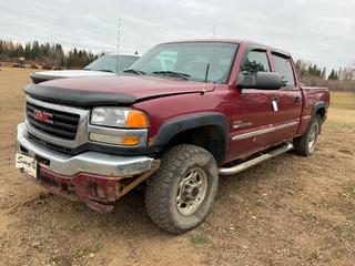 2005 GMC 2500HD 4X4 Crew Cab Diesel Pickup C/w 6.6L, A/T, 6.5ft Box, Aluminum Jockey Box, Power Windows, Power Locks, After Market Key FOB And Brake Controller, Extended Mirrors. Showing 342,369kms. VIN 1GTHK23245F834685 *Note: Crack Windshield, Paint Chips, Rust, Damage To Bumper*