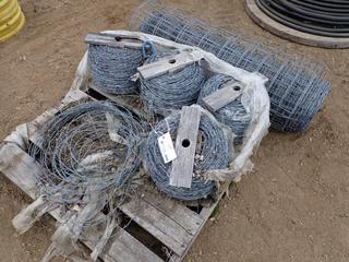 Qty Of (4) Spools Of Barbed Wire C/w Wire Mule Feed Guide And (1) Roll Of Farm Fencing