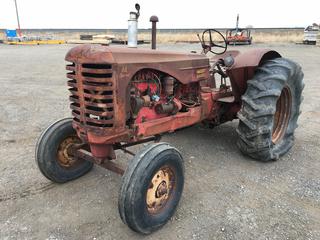 Massey Harris 44 Special Farm Tractor c/w 4 Cyl Gas, 6 Spline PTO, 7.50-16 Front, 16.9-30 Rear Tires, Requires Repair. S/N 53625.