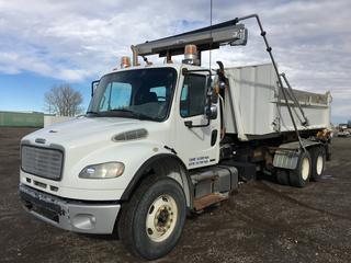 2009 Freightliner M2 106 T/A Hook Lift Gravel Truck c/w Cummins Turbo Diesel 8.3L, Allison Auto, 40,000 LB Rear Axles, PTO, Wet Kit, 14' Box, Amber Roof Beacon Lights, 315/80/22.5 Front, 11/22.5 Rear Tires, Showing 165,024 KMs, VIN 1FVHCYBS79HAF7871