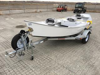 16' Aluminum Drift Boat c/w 55" Wide, 20" Side, 3 Folding Seats, Galvanized Trailer 2,000 LB Axle, Spare Tire, VIN 2L9L1AC13LA140003 Demo Unit Make In Alberta. *Note: Drain Plugs In Office