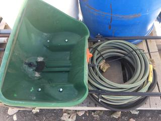 Scotts Standard Fertilizer/Seed Spreader, (2) Garden Hoses 1/2", (2) Plastic Rain Barrels & (5) 5 Gallon Pails.