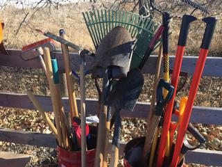 (3) Barrels Containing Quantity of Rakes, Shovels, Pick Axe & Post Hole Auger.