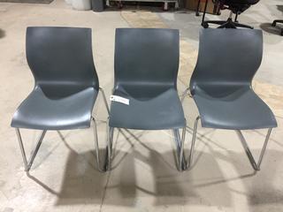 (3) Grey and Metal Molded Stacking Chairs.