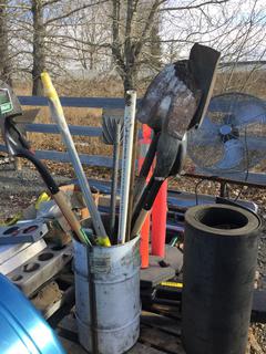 Quantity of Assorted Shovels & Hoes, Stand Up Fan, (2) Traffic Delineators & (1) Roll of Rubber Matting.