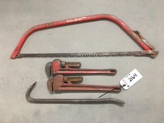 (2) 18" Pipe Wrenches, Nail Bar & Swede Saw.