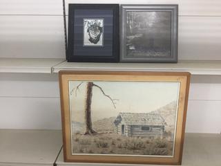 Framed Painting By Overton, Framed Wolf Sketch By Boni Rawlyk & Framed Picture.