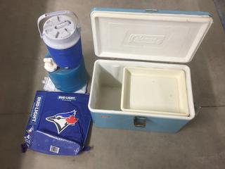 Coleman Metal Cooler, Soft Bud Light Beer Cooler & (2) Water Jugs.