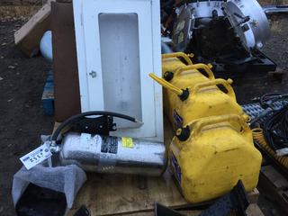 (4) Diesel Jerry Cans, Fire Extinguisher Holder & Daimler Fuel Tank.