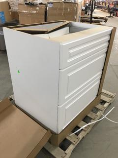 30" Euro-Rite White 3 Drawer Soft Close Cabinet, Damaged.