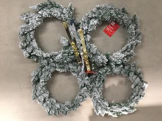 (4) 26" Flocked Wreaths and (3) Wreath Hangers with Bells.