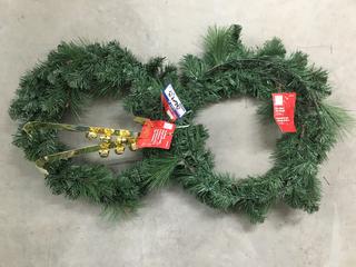 (2) 26" Mixed Pine Wreaths and (2) 14" Wreath Hangers with Bells.