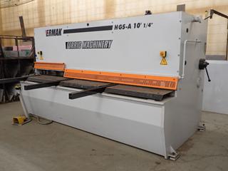 154.53in X 82.68in X 82.68in 2013 ERMAK Model HGS-A 1/4in Cap. 60HZ 575/600V Plate Shear C/w 15HP Motor, Machine Weight 14,553lbs, 10ft 1/4in CNC Back Gauge, Cybelec Cybtouch 6 Display, E-Switch Plan NR 6404-55RLKG, 3ft X 30in X 6ft Roller Table on Casters And 34in X 8ft X 2ft Custom Catch Cart On Locking Casters. Machine# 6404-55RLKG *Note: Buyer Responsible For Load Out*