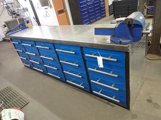 3ft X 28in X 113in 20-Drawer Tool Chest C/w Record Bench Vise, Chain Cutter And Crimps *Note: Buyer Responsible For Load Out*