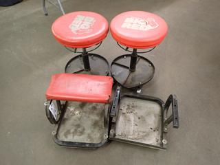 (2) Torin Big Red Roller Stools, (2) Small Stools with Bottom Trays. *Note: (1) Missing Seat*