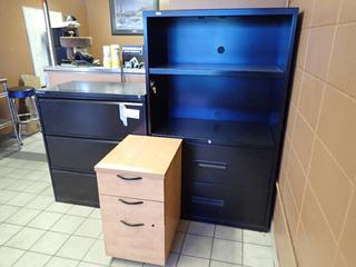 (1) 3ft X 20in X 9in 3-Drawer Filing Cabinet C/w 5ft X 3ft X 18.5in 2-Drawer 2-Shelf Cabinet And 27in X 16in X 21in 3-Drawer Filing Cabinet *Note: Buyer Responsible For Load Out*