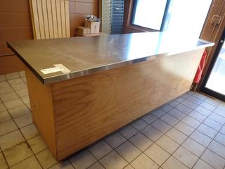 8ft 31in X 36.5in Custom Built Front Counter Unit, 3 Open Storage Areas w/ Shelf Capability, Stainless Steel Top *Note: No Shelves, Note: Buyer Responsible For Load Out*