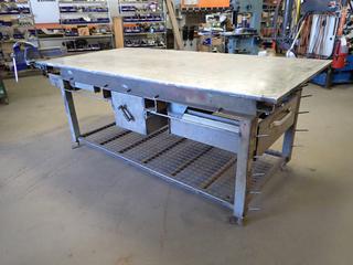4Ft x 8Ft Custom Built Fabrication Table w/ 1 In. Thick Top, (4) Heavy Duty Drawers, Adjustable Leveling Feet And Gray Tool No 6. Bench Vice