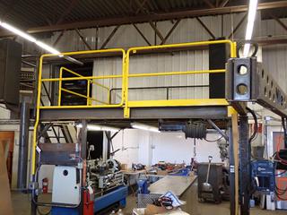12ft X 12ft Custom Built Mezzanine Catwalk w/ 92in Floor Height, 42in High Railing, Stairs with Side Hand Rails And 6ft(W) Swing Gate Opening *Note: Buyer Responsible For Dismantling and Load Out*
