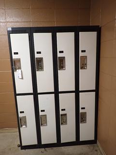 (1) Bank Of 4ft X 18in X 6ft Storage Lockers w/ (8) Doors C/w Keys *Note: Contents Not Included, Buyer Responsible For Load Out*