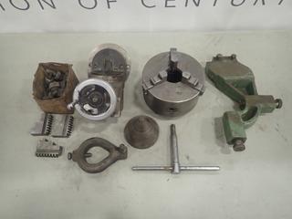 Qty of Assorted Lathe Tools Including Busy Bee Model K6085, 8 In. 3 Jaw Chuck, Index Fixture Collet, (6) 3 In. Chuck Jaws, Turning Tool and More (S-3-3)