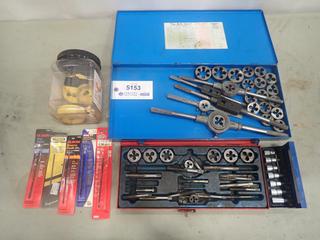 Qty of Assorted Taps and Dies c/w Qty of Hole and Scroll Saw Blades, Westward 11 Pc. 3/8 In. Drive Hex Bit Socket and Key Set (E2)