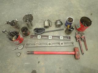 Qty of Assorted Hand Tools Including Pipe Wrenches, Open End Wrenches, Levels, Lubricators and More (S-3-2)