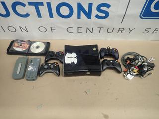 X-Box 360 Gaming Console, (2) Hard Drives, (4) Controllers, Qty of Misc. Cords, Includes Variety of X-Box 360, Game Cube and Play Station Games, *Note: No Power Cord for X-Box, No Battery Packs for Controllers, Unknown Working Condition on All Items* (G-1)