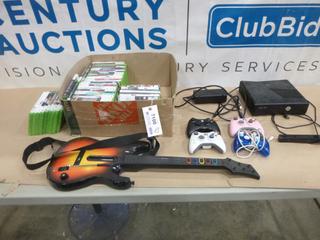 Xbox 360 Game Console, (4) Controllers, Over 60 Games, And Guitar Hero Guitar Strummer (F-2)