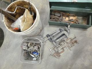 Assorted C-Clamps, Sockets, Small Hand Tools, Small Tool Box w/ Contents (P-1-2)