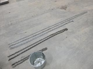 Qty of 1/4 In. Steel Chain, Different Lengths and Grades c/w Galvanized Pail (D1)