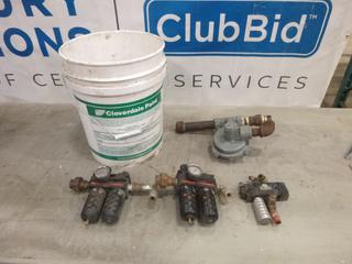 Airline Oiler / Moisture Trap, Gas Regulator and Pail of Assorted Bolts (E-2)