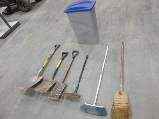 Assorted Shovels, Brooms, Dust Pan and Rubbermaid Garbage Can (N-2-2)