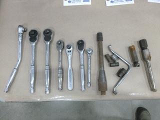 Assorted 3/8 In. and 1/2 In. Drive Ratchets, Brands Include Snap On, Craftsman, Jet and More, C/w Bin (F-1)