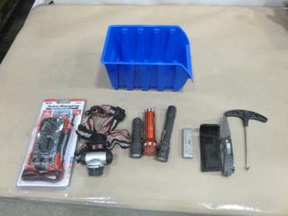 Unused Auto Ranging Digital Multimeter, Multiple Flashlights, Head Lamp and More, C/w Bin (F-1)