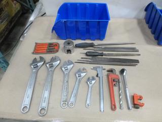 Snap On Easy Out Set, Misc. Crescent Wrenches, Files and Set of Calipers, C/w Bin (F-1)