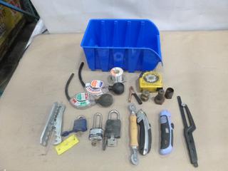 Knives, Tape Measure, Locks and Assorted Other Tools, C/w Bin (F-1)