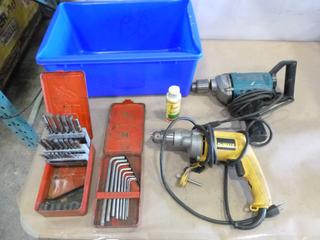 Makita 1/2 In. Drill, DeWalt 1/2 In. Drill, Case of Snap On Drill Bits, Snap On Allen Key Set, C/w Bin  (F-1)