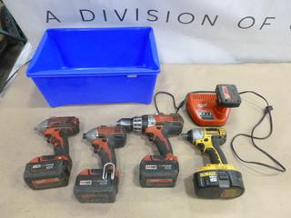 Cordless Milwaukee 18V Power Tools, 18V DeWalt 1/2 In. Air Impact Wrench, C/w Milwaukee 12V Battery and Charger and   Bin  (F-1)