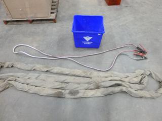 (1) Nylon Sling. 16 Ft. Long Endless Loop, 31000 Lb. Vertical, 24600 Lb. Choker, 62000  Basket, (1) 16 Ft. Long Heavy Duty, Booster Cables c/w Bin (L-2-1)