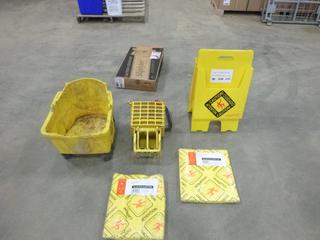 Commercial Mop Bucket and Wringer, C/w Slippery When Wet Sign and (2) Unopened Packages  of 20 HiVis Sorbent Pads (M-2-1)