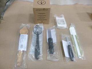 Unused Pampered Chef Kitchen Utensils: Mix 'N Masher, Bamboo Spoon Set (3), Zester, Vegetable Peeler, Classic Scraper, C/w Unused Pampered Chef Ceramic Egg Cooker: 2 Cup Capacity, Microwave and Dishwasher Safe, And Egg Slicer Plus: 5 In. x 3.25 In., Stainless Steel Wires, Dishwasher Safe (G-2)